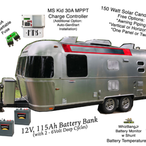 flexible vanopy solar panels on new airstream with deep cycle battery bank and midnite solar kid charge controller