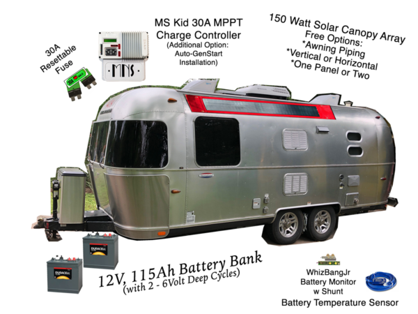 flexible vanopy solar panels on new airstream with deep cycle battery bank and midnite solar kid charge controller